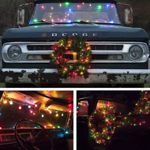 car covered in christmas lights