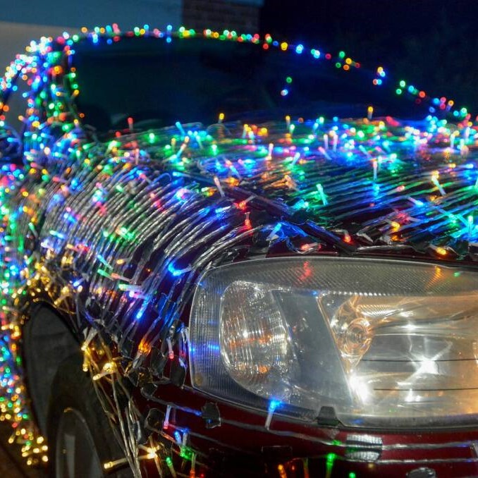car with christmas lights